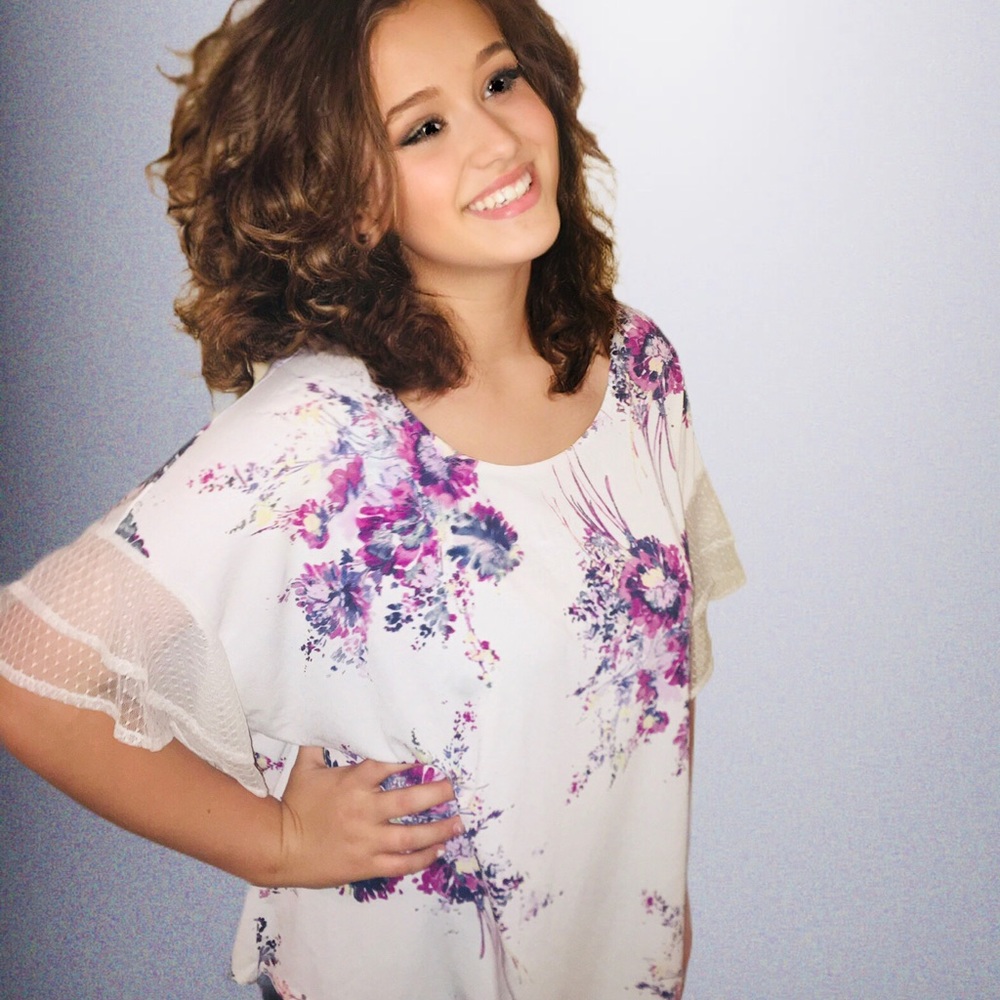 Maurices purple floral top with lace sleeves